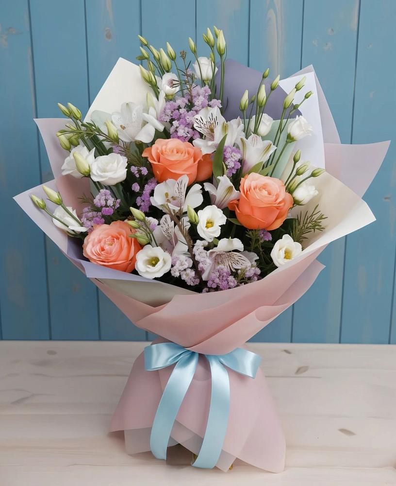 Букет цветов из: Лизиантусы, Розы, Альстромерии и Гипсофила в Андреевской Краснодарского края