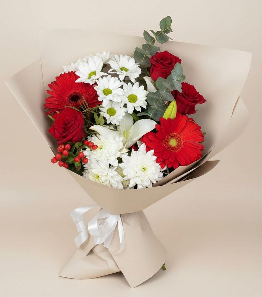 Букет цветов из: Розы, Хризантемы, Герберы и Лилии в Андреевской Краснодарского края