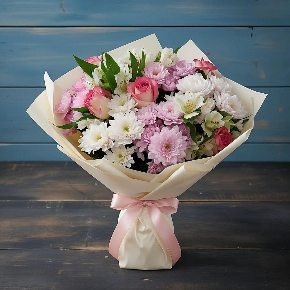 Букет цветов из: Хризантемы, Альстромерии и Розы в Андреевской Краснодарского края